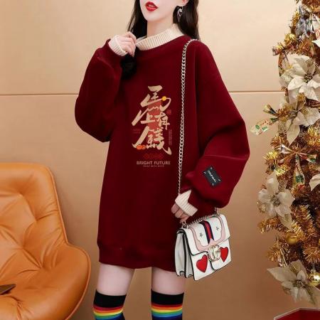 FA55313# 绝美新年红色假两件加绒卫衣女设计感卡通涂鸦宽松休闲中长款上衣 服裝批發女裝批發服飾貨源