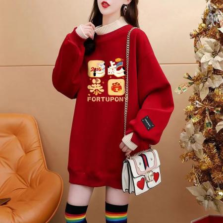 FA55314# 绝美新年红色假两件加绒卫衣女设计感卡通涂鸦宽松休闲中长款上衣 服裝批發女裝批發服飾貨源