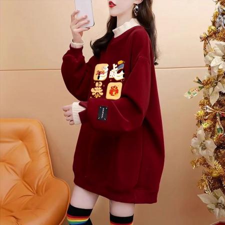 FA55314# 绝美新年红色假两件加绒卫衣女设计感卡通涂鸦宽松休闲中长款上衣 服裝批發女裝批發服飾貨源