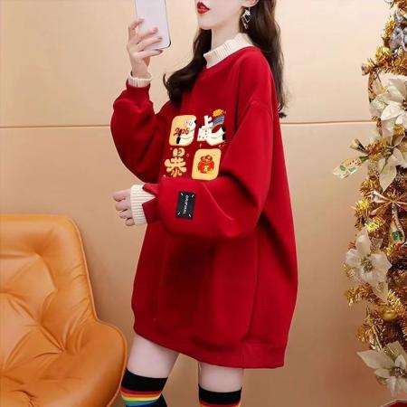FA55314# 绝美新年红色假两件加绒卫衣女设计感卡通涂鸦宽松休闲中长款上衣 服裝批發女裝批發服飾貨源