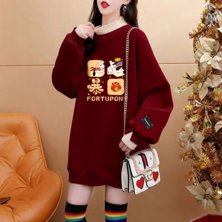 FA55314# 绝美新年红色假两件加绒卫衣女设计感卡通涂鸦宽松休闲中长款上衣 服裝批發女裝批發服飾貨源