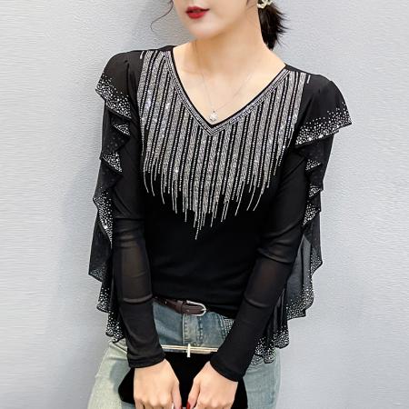FA55316# 欧洲站春上新V领花边镂空镶钻洋气修身显瘦打底衫女潮 服裝批發女裝批發服飾貨源