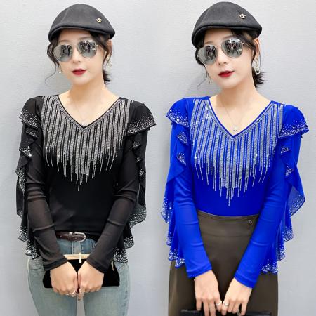 FA55316# 欧洲站春上新V领花边镂空镶钻洋气修身显瘦打底衫女潮 服裝批發女裝批發服飾貨源