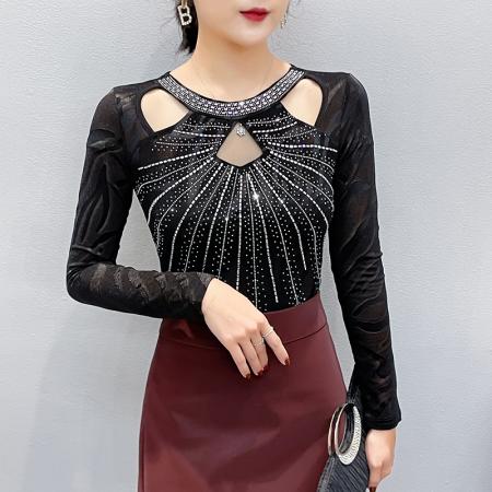 FA55317# 春上新款网纱时尚圆领镂空烫钻长袖修身显瘦打底衫女 服裝批發女裝批發服飾貨源
