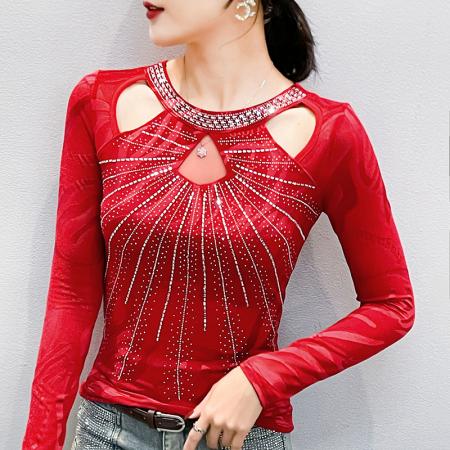 FA55317# 春上新款网纱时尚圆领镂空烫钻长袖修身显瘦打底衫女 服裝批發女裝批發服飾貨源