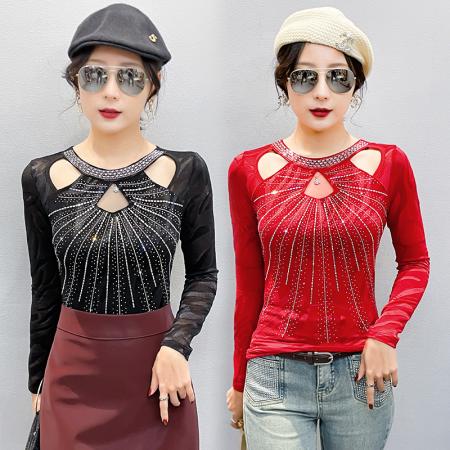 FA55317# 春上新款网纱时尚圆领镂空烫钻长袖修身显瘦打底衫女 服裝批發女裝批發服飾貨源