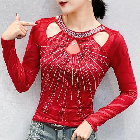 FA55317# 春上新款网纱时尚圆领镂空烫钻长袖修身显瘦打底衫女 服裝批發女裝批發服飾貨源