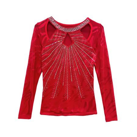 FA55317# 春上新款网纱时尚圆领镂空烫钻长袖修身显瘦打底衫女 服裝批發女裝批發服飾貨源