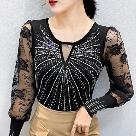 FA55318# 春上新欧洲站重工烫钻个性修身显瘦打底衫蕾丝长袖女潮 服裝批發女裝批發服飾貨源