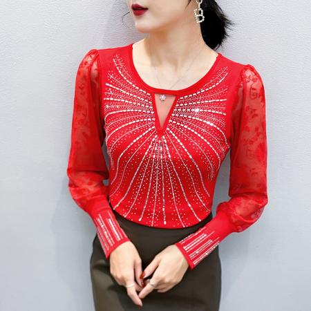 FA55318# 春上新欧洲站重工烫钻个性修身显瘦打底衫蕾丝长袖女潮 服裝批發女裝批發服飾貨源