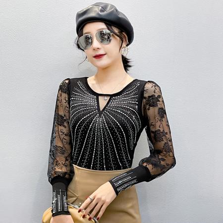 FA55318# 春上新欧洲站重工烫钻个性修身显瘦打底衫蕾丝长袖女潮 服裝批發女裝批發服飾貨源
