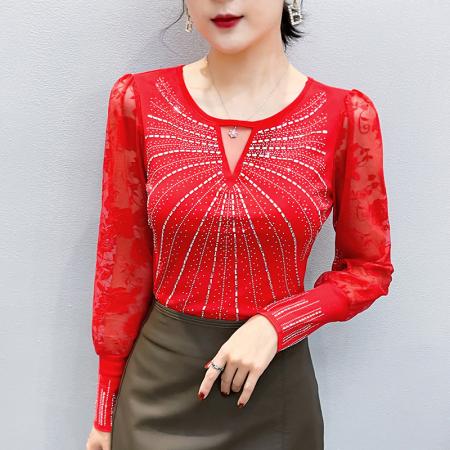 FA55318# 春上新欧洲站重工烫钻个性修身显瘦打底衫蕾丝长袖女潮 服裝批發女裝批發服飾貨源