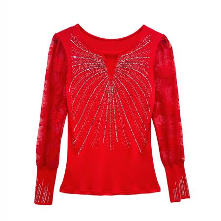 FA55318# 春上新欧洲站重工烫钻个性修身显瘦打底衫蕾丝长袖女潮 服裝批發女裝批發服飾貨源