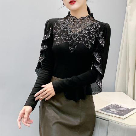 FA55319# 欧洲站秋冬新款高领花边镂空镶钻洋气修身显瘦打底衫女潮 服裝批發女裝批發服飾貨源