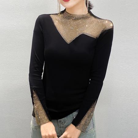FA55320# 欧洲站秋冬新款高领时尚镂空气质网钻修身长袖打底衫女潮 服裝批發女裝批發服飾貨源