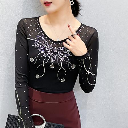 FA55322# 春上新V领网纱时尚重工烫钻百搭修身显瘦长袖女上衣 服裝批發女裝批發服飾貨源