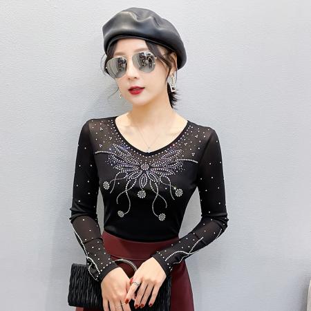 FA55322# 春上新V领网纱时尚重工烫钻百搭修身显瘦长袖女上衣 服裝批發女裝批發服飾貨源