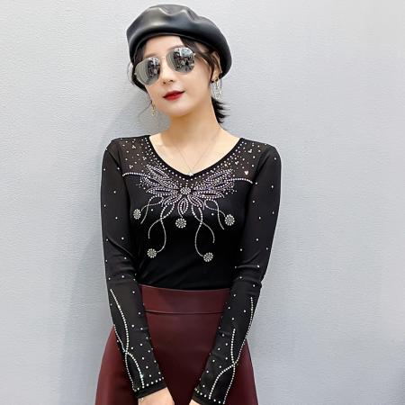 FA55322# 春上新V领网纱时尚重工烫钻百搭修身显瘦长袖女上衣 服裝批發女裝批發服飾貨源