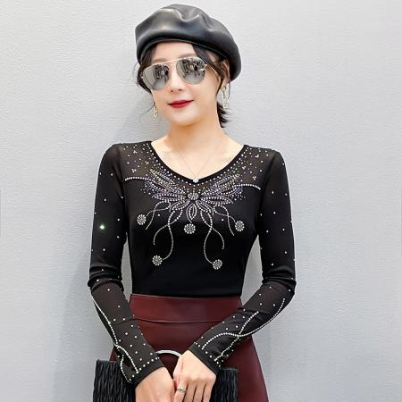 FA55322# 春上新V领网纱时尚重工烫钻百搭修身显瘦长袖女上衣 服裝批發女裝批發服飾貨源