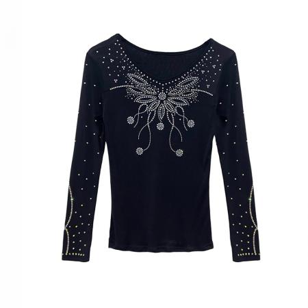 FA55322# 春上新V领网纱时尚重工烫钻百搭修身显瘦长袖女上衣 服裝批發女裝批發服飾貨源