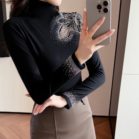 FA55323# 欧洲站秋冬新款高领花边镂空镶钻洋气修身显瘦打底衫女潮 服裝批發女裝批發服飾貨源