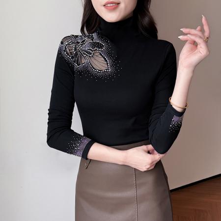 FA55323# 欧洲站秋冬新款高领花边镂空镶钻洋气修身显瘦打底衫女潮 服裝批發女裝批發服飾貨源
