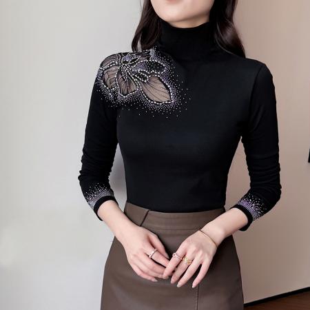 FA55323# 欧洲站秋冬新款高领花边镂空镶钻洋气修身显瘦打底衫女潮 服裝批發女裝批發服飾貨源