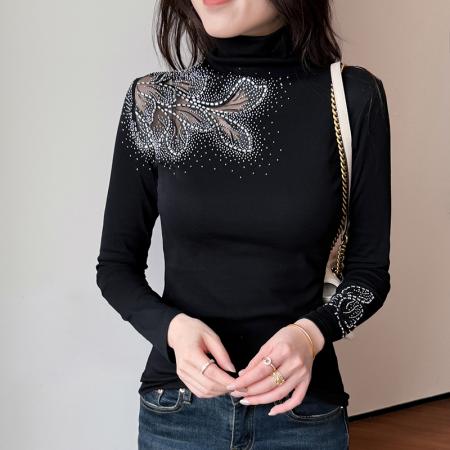 FA55324# 欧洲站秋冬新款高领花边镂空镶钻洋气修身显瘦打底衫女潮 服裝批發女裝批發服飾貨源