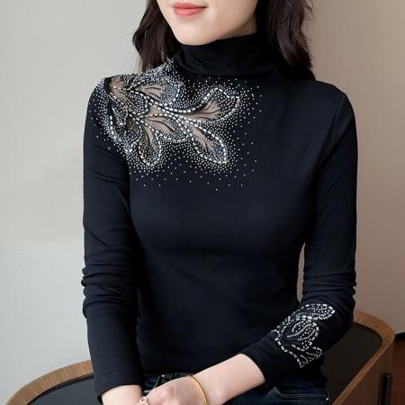 FA55324# 欧洲站秋冬新款高领花边镂空镶钻洋气修身显瘦打底衫女潮 服裝批發女裝批發服飾貨源