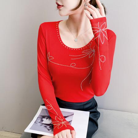FA55325# 秋季新款圆领网纱时尚重工烫钻百搭修身显瘦长袖女上衣 服裝批發女裝批發服飾貨源