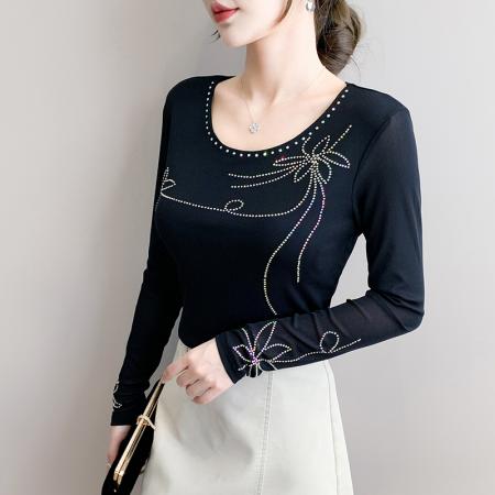 FA55325# 秋季新款圆领网纱时尚重工烫钻百搭修身显瘦长袖女上衣 服裝批發女裝批發服飾貨源