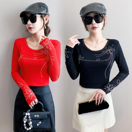 FA55325# 秋季新款圆领网纱时尚重工烫钻百搭修身显瘦长袖女上衣 服裝批發女裝批發服飾貨源