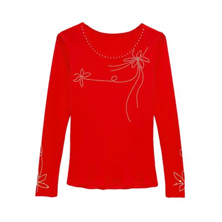 FA55325# 秋季新款圆领网纱时尚重工烫钻百搭修身显瘦长袖女上衣 服裝批發女裝批發服飾貨源