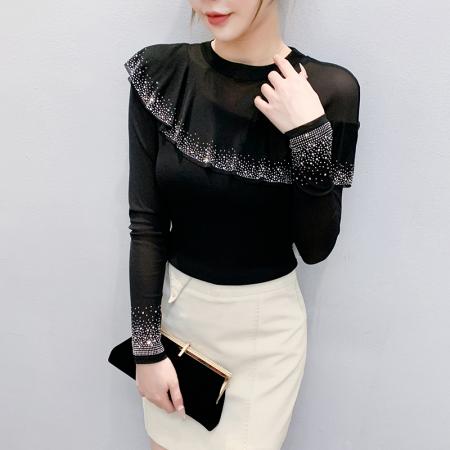 FA55326# 秋装新款网纱时尚圆领镂空重工荷叶边烫钻显瘦百搭长袖女上衣 服裝批發女裝批發服飾貨源