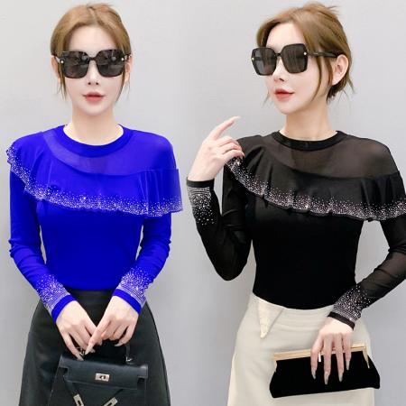 FA55326# 秋装新款网纱时尚圆领镂空重工荷叶边烫钻显瘦百搭长袖女上衣 服裝批發女裝批發服飾貨源