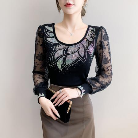 FA55327# 秋季新款欧洲站重工烫钻个性修身显瘦打底衫蕾丝长袖女潮 服裝批發女裝批發服飾貨源