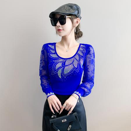 FA55327# 秋季新款欧洲站重工烫钻个性修身显瘦打底衫蕾丝长袖女潮 服裝批發女裝批發服飾貨源