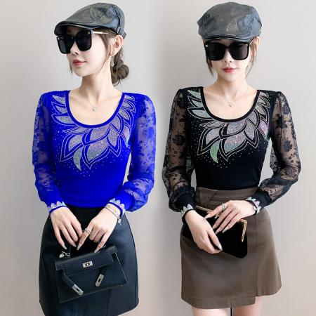FA55327# 秋季新款欧洲站重工烫钻个性修身显瘦打底衫蕾丝长袖女潮 服裝批發女裝批發服飾貨源