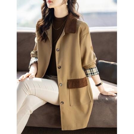 FA55328# 休闲风衣女中长春秋新款拼色宽松显瘦外套 服裝批發女裝批發服飾貨源