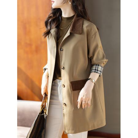 FA55328# 休闲风衣女中长春秋新款拼色宽松显瘦外套 服裝批發女裝批發服飾貨源