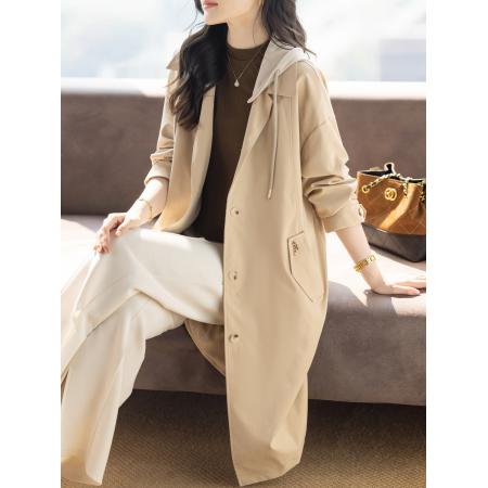 FA55329# 撞色英伦风连帽长款风衣秋冬新款气质大衣外套 服裝批發女裝批發服飾貨源
