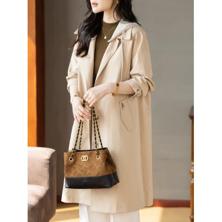 FA55329# 撞色英伦风连帽长款风衣秋冬新款气质大衣外套 服裝批發女裝批發服飾貨源