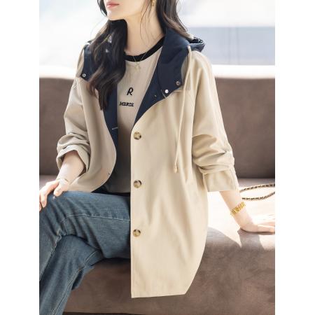 FA55330# 气质宽松连帽短款风衣外套女秋冬高级感大衣上衣 服裝批發女裝批發服飾貨源