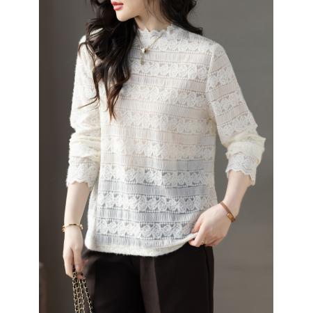 FA55333# 小半高领蕾丝打底衫女春季新款长袖T恤内搭 服裝批發女裝批發服飾貨源