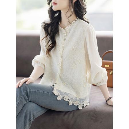 FA55334# 春季国风蕾丝绣花打底衬衫轻奢减龄洋气上衣 服裝批發女裝批發服飾貨源