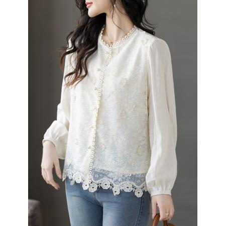 FA55334# 春季国风蕾丝绣花打底衬衫轻奢减龄洋气上衣 服裝批發女裝批發服飾貨源