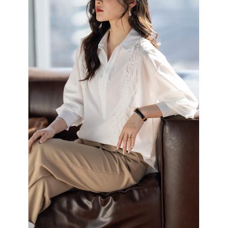 FA55335# 法式白色镂空绣花简约衬衫女春款宽松别致气质小衫 服裝批發女裝批發服飾貨源