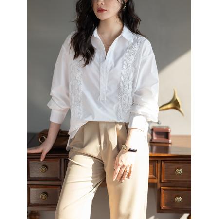 FA55335# 法式白色镂空绣花简约衬衫女春款宽松别致气质小衫 服裝批發女裝批發服飾貨源