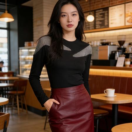 FA55341# 春上新别致圆领镶钻修身显瘦设计感轻奢女上衣T恤时尚小衫M-3XL 服裝批發女裝批發服飾貨源