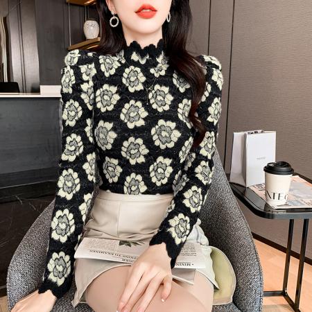 FA55343# 磨毛半高领蕾丝打底衫女内搭秋冬时尚洋气高级感别致漂亮小衫上衣 服裝批發女裝批發服飾貨源